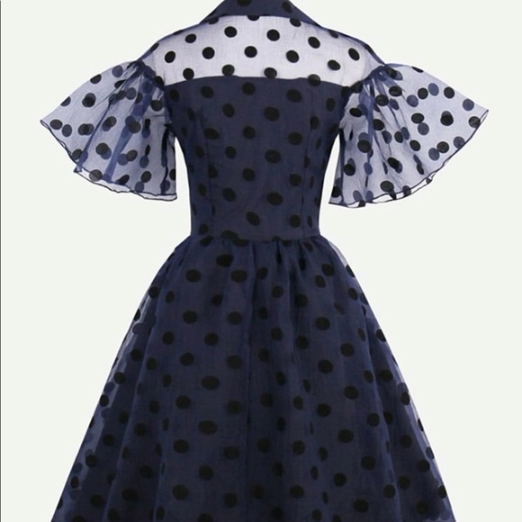 Dot Mesh Overlay Fluted Swing Collar Dress - Picture 2 of 5